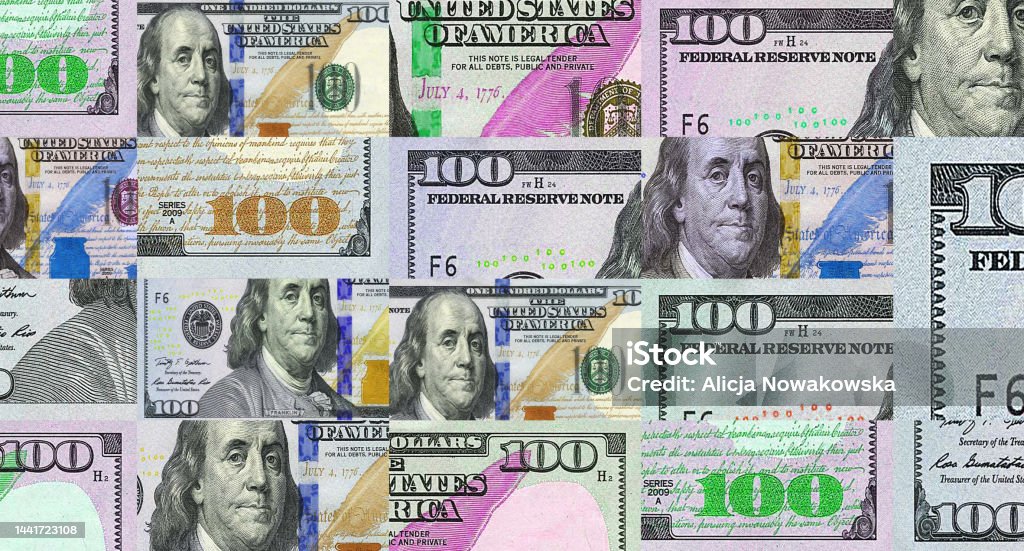 Dollar 100 USD banknotes abstract color mosaic pattern Dollar 100 USD banknotes abstract color pattern. USA bank note concept of currency, finance and economy. Design background 3D illustration. Psychedelic Stock Photo