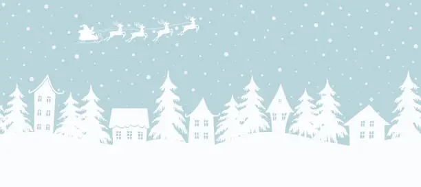 Vector illustration of Christmas background. Winter village. Seamless border. Fairy tale winter landscape