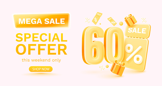 60 percent Special offer mega sale, Check and gift box. Sale banner and poster. Vector illustration.