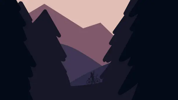 Vector illustration of Beautiful minimalist abstract mountain landscape in shades of purple. Silhouette of a cyclist in a pine forest. Stylish dark background for presentation, banner, poster. Simple flat illustration
