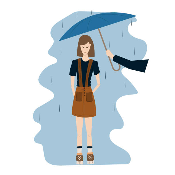 아름다운 여학생이 빗속에서 행복하게 서 있습니다. 한 남자가 젊은 여자에게 우산을 건네줍니다. 선드레스와 운동화를 신은 백인 십 대 소녀. 패션 플랫 그림입니다. 재미있는 인쇄. 책, 잡지용 - wet dress rain clothing stock illustrations
