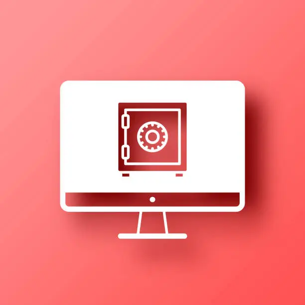 Vector illustration of Desktop computer with safe box. Icon on Red background with shadow