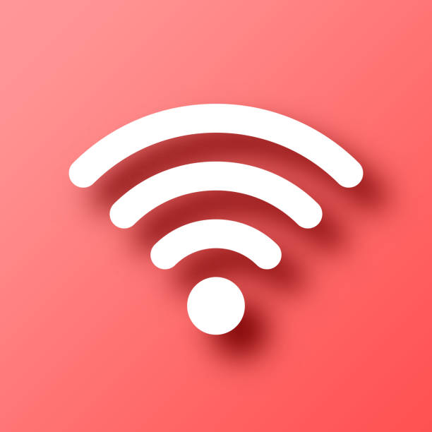 Wifi. Icon on Red background with shadow White icon of "Wifi" isolated on a trendy color, a bright red background and with a dropshadow. Vector Illustration (EPS file, well layered and grouped). Easy to edit, manipulate, resize or colorize. Vector and Jpeg file of different sizes. signal level stock illustrations