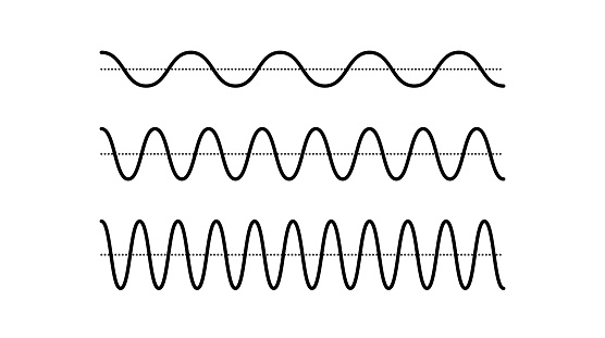 Sinusoid signals set. Black curve sound waves collection. Voice or music audio concept. Pulse lines. Electronic radio graphics with different frequency and amplitude. Vector