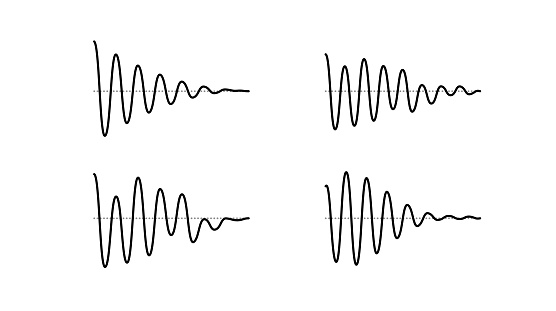 Sinusoid fading signal set. Black curve sound wave collection. Voice or music audio concept. Pulsating lines. Fading out electronic radio graphics. Vector
