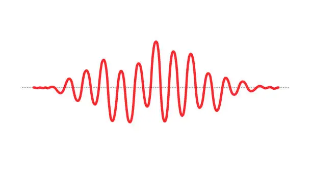 Vector illustration of Red sinusoid impulse signal line. Black curve sound wave. Voice or music audio concept. Electronic radio graphic. Vector