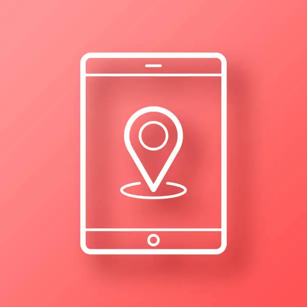 Vector illustration of Tablet PC with location pin. Icon on Red background with shadow