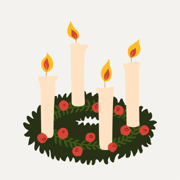 Vector Christmas flat decorations at home illustrations. Hand painted wreath with advent candles. Cozy cute flat icon premade poster composition advent candle wreath christmas stock illustrations