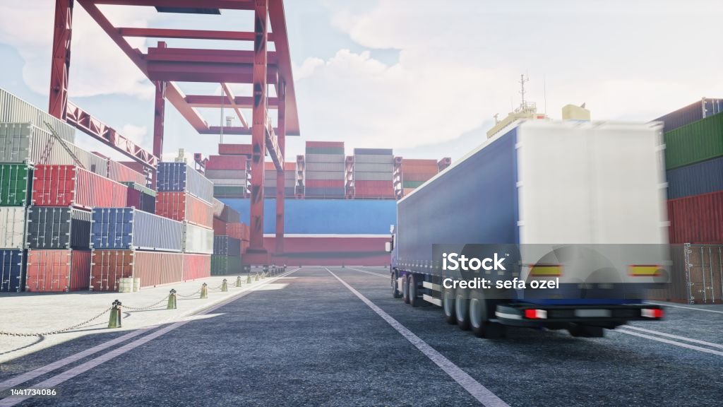 Port Container Transportation Container, Freight Transportation, Shipping, Commercial Dock, Container Ship Freight Transportation Stock Photo