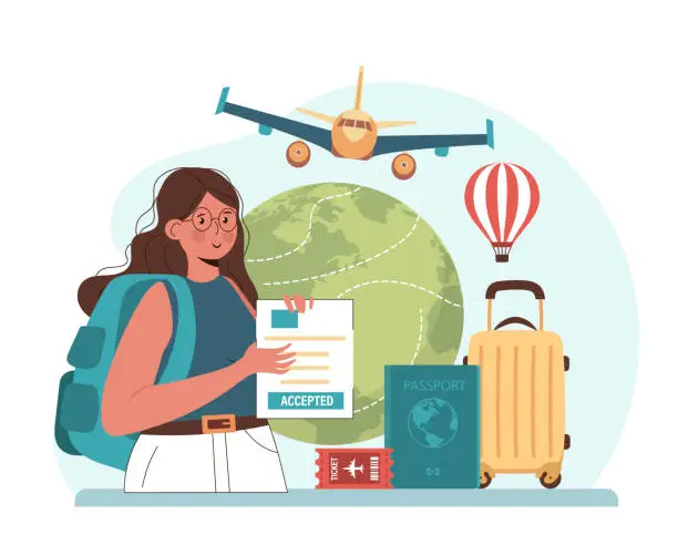 Vector illustration of Traveling abroad concept. Visa application approving and insurance certificate processing, International vacation or emigration procedure. Flat vector illustration
