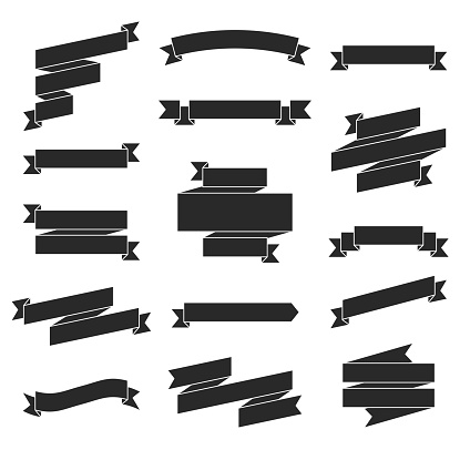 Set of Black ribbons and banners, isolated on a blank background. Elements for your design, with space for your text. Vector Illustration (EPS10, well layered and grouped). Easy to edit, manipulate, resize or colorize.