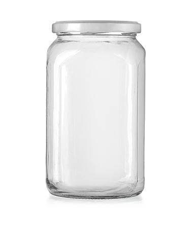 Empty 1000 ml glass jar with white lid isolated on white background with clipping path