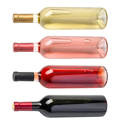 Set of horizontal wine bottles isolated on white background