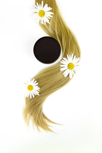 различные профессиональные парикмахерские инструменты бальзамический крем для волос и прядь светлых волос с белым цветком ромашки на бел� - hair balsam стоковые фото и изображения