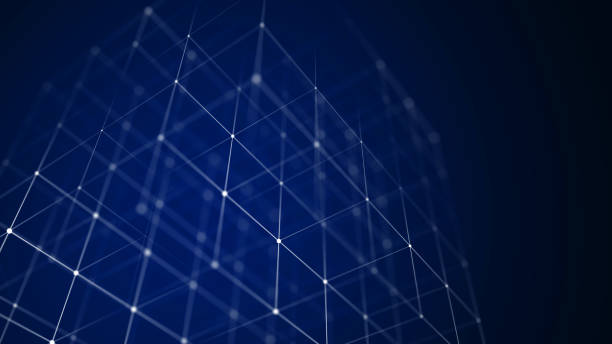 Abstract wireframe cube. Digital blockchain concept. Futuristic blue background with dots and lines. 3D rendering. stock photo