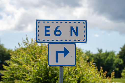 Gothenburg, Sweden - July 07 2022: Sign showing directions to road E6 northbound.
