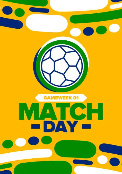 Vector illustration of Soccer Match Day. Game day. Fooball pitch and ball. . League playoff, final of regular season. Sport poster. Vector illustration