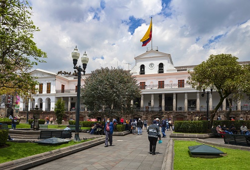 Quito, Ecuador, October 18, 2022: View of the presidential palace Palacio de Carondelet on the Plaza Grande (Independence Square) in the historic center of the Ecuadorian capital.