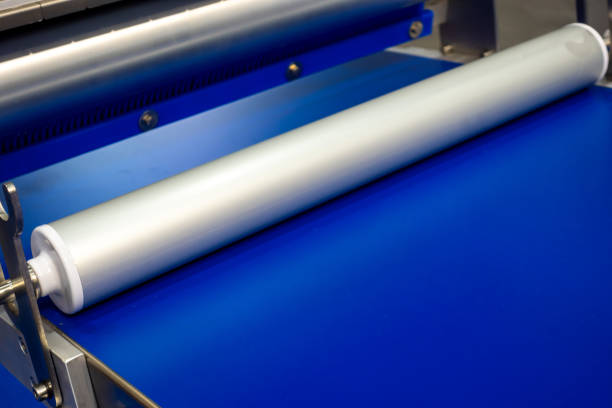 istock Blue polypropylene belt of an industrial infeed conveyor. 1441749904