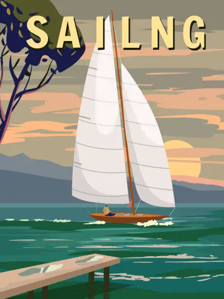 Vector illustration of Sailboat poster retro, sailing yacht on the ocean, sea, coast, palms. Tropical cruise, summertime travel vacation. Vector illustration vintage