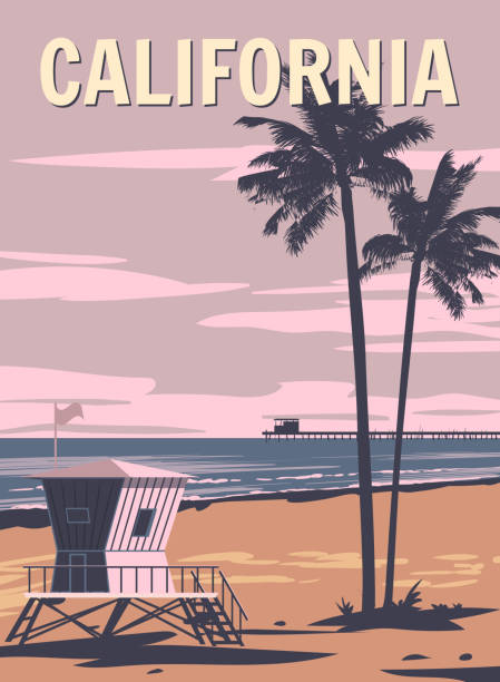 Time To Travel Retro Poster. Tropical coast beach, palm, surf, ocean. Summer vacation holiday. Vector illustration vintage