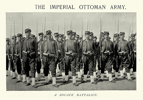 Vintage illustration after a photograph Imperial Ottoman army, Soldiers of a Zouave battalion, Military History, 1890s, 19th Century