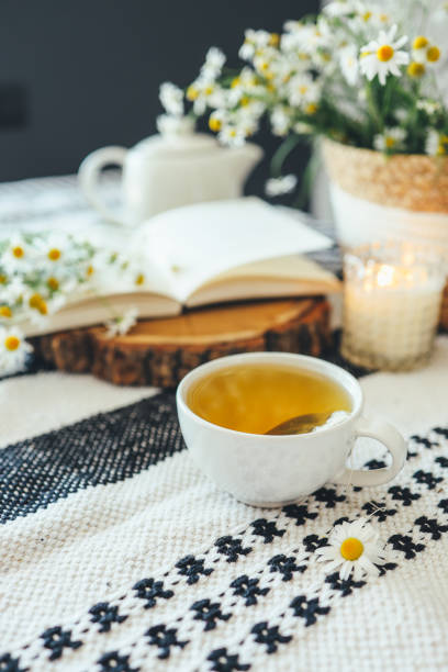 istock Open book, herbal chamomile tea cup on wooden table, reading and morning relax concept 1441751003
