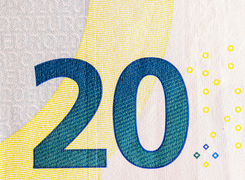 Twenty euro banknotes, close-up of the 20 euro banknote of the European Union