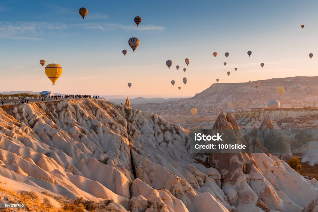 Hot Air Balloons at Love Valley in Cappadocia Sunrise - Dawn Stock Photo