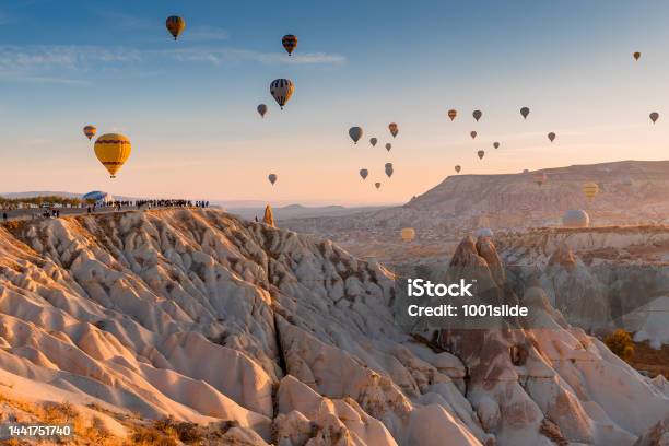 Hot Air Balloons At Love Valley In Cappadocia Stock Photo - Download Image Now - Sunrise - Dawn, Adventure, Air Vehicle