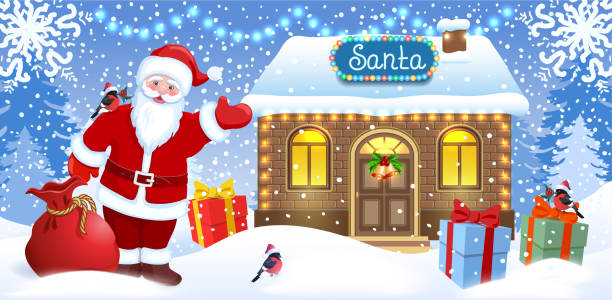 ilustraciones, imágenes clip art, dibujos animados e iconos de stock de tarjeta de navidad con santa claus, bolsa de regalos y cajas contra el taller de santa claus y el fondo del bosque de invierno. postal de diseño de año nuevo. - workshop santa claus christmas north pole