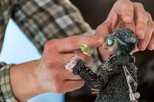 Stop Motion Woman Artist in Work Creating Short Films Telling the Story with Handmade Puppets