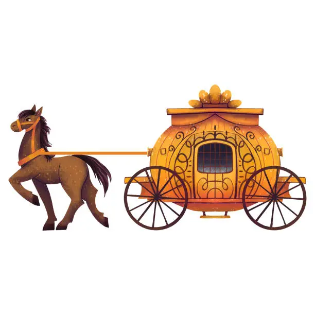 Vector illustration of Golden carriage with horse-drawn carriage transport retro Victorian style