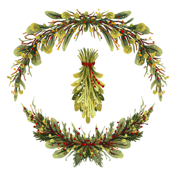 クリスマスのためのイラストのセット新年の葉と花輪ヤドリギ - holly christmas frame poinsettia点のイラスト素材／クリップアート素材／マンガ素材／アイコン素材