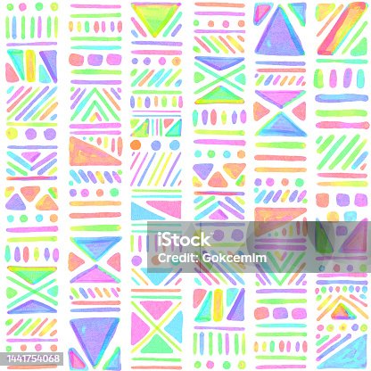 istock Neon Vibrant Colored Watercolor Seamless Tribal Pattern. Hand Drawn Stripes, Triangles and Circles Pattern Background. Design Element for Greeting Cards and Labels, Marketing, Business Card Abstract Background 1441754068