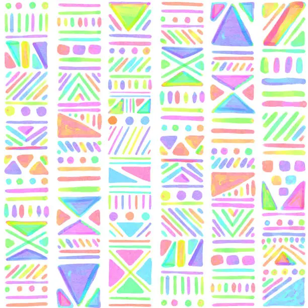 Vector illustration of Neon Vibrant Colored Watercolor Seamless Tribal Pattern. Hand Drawn Stripes, Triangles and Circles Pattern Background. Design Element for Greeting Cards and Labels, Marketing, Business Card Abstract Background