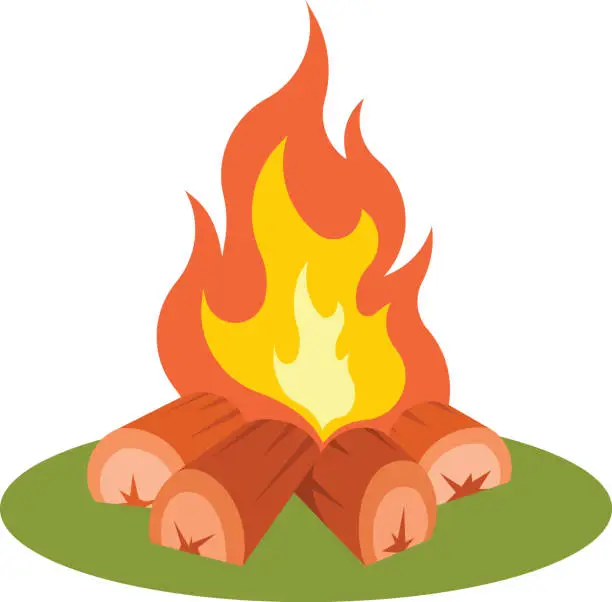 Vector illustration of Burning campfire on the grass