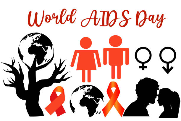 世界エイズデー啓発レッドリボンと男性と女性のツリー世界地図の象徴的なコンセプトバナー、看板、バッジ、エレメントセット。世界エイズデーを祝う夫婦。hivウイルス12月1日。 - retrovirus hiv sexually transmitted disease aids点のイラスト素材／クリップアート素材／マンガ素材／アイコン素材