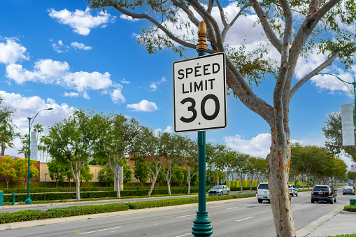 Anaheim, CA, USA – November 2, 2022: A 30 Speed Limit street sign posted on Katella Avenue in the Anaheim Resort District in Anaheim, California.