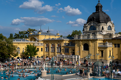 Budapest, Hungary - 3 September 2022: Courtyard of Szechenyi Baths, a Hungarian thermal bath complex