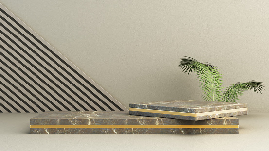Marble beige podium and green palm leaf on wall background. Place, background for cosmetics or online shop. Front view. Copy space