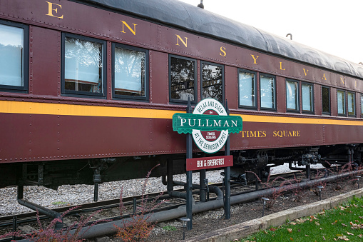 Dennison, Ohio, USA- Oct. 24, 2022: Bed and Breakfast at the Dennison Depot where guests stay in the Pullman sleeping and dining cars. The Pullman Company manufactured railroad cars from 1862 to 1968.