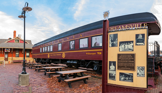 Dennison, Ohio, USA- Oct. 24, 2022: Display at the historic Pennsylvania Railroad Depot and Baggage Room. The depot was built 1884 to 1900 as passenger service increased and played a key role in transporting WWII G.I.s who nicknamed it Dreamsville as a reference to its idealistic representation of small town America.