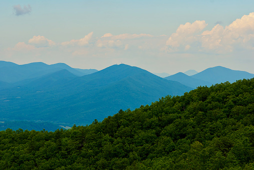 View from the Blue Ridge Parkway into Virginia’s Blue Ridge Mountains on a summer day.