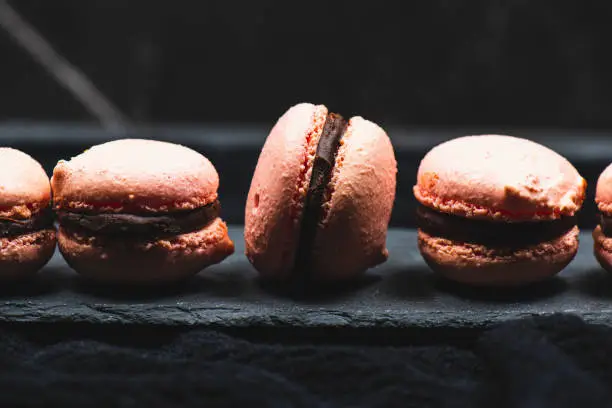 Pink French macarons with a chocolate ganache filling.