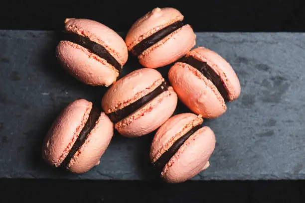 Pink French macarons with a chocolate ganache filling.
