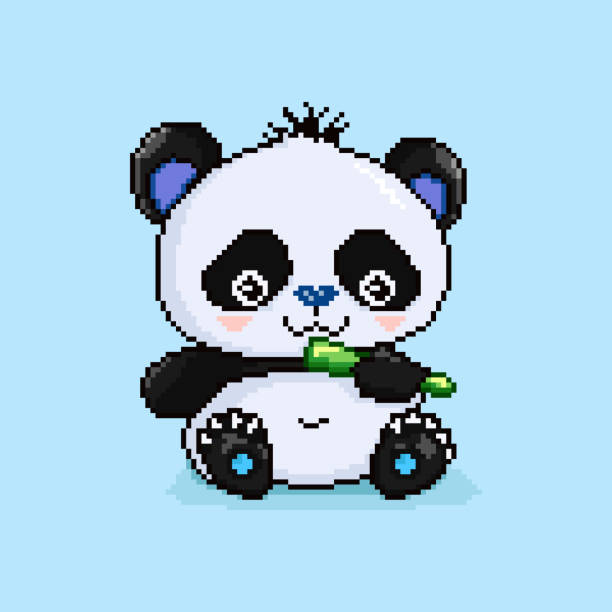 istock Cute and funny cartoon Panda with bamboo on blue background. Pixel art style. Isolated vector design with panda. 1441771070