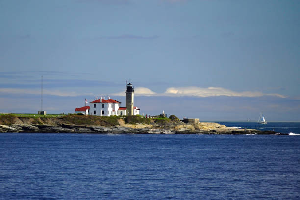 Beavertail Lighthouse as seen from Narragansett Bay stock photo