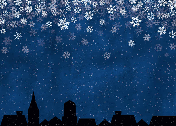 ilustrações de stock, clip art, desenhos animados e ícones de snow flakes in night city landscape watercolor - snowing snow snowflake night
