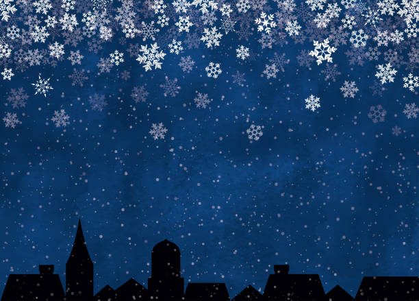 снежинки в ночном городском пейзаже акварелью - snowing snow snowflake night stock illustrations